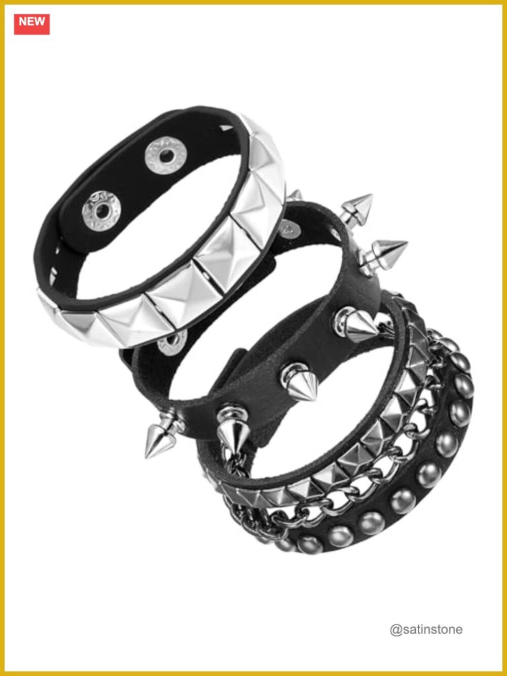 Set of 3 Studded Punk Leather Bracelets for Women Men Adjustable Spiked